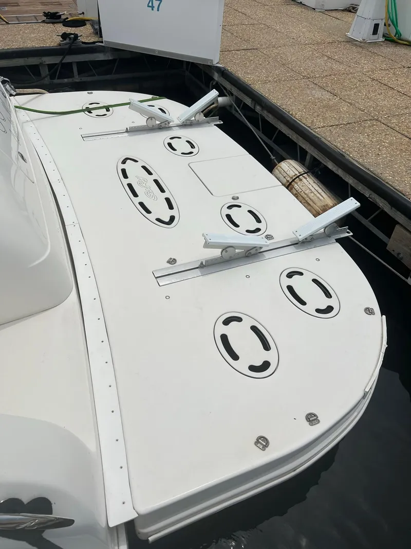 Slide: The Image of 2003 Sea Ray 480 Sedan Bridge swim platform with cleats and mooring lines. - 9