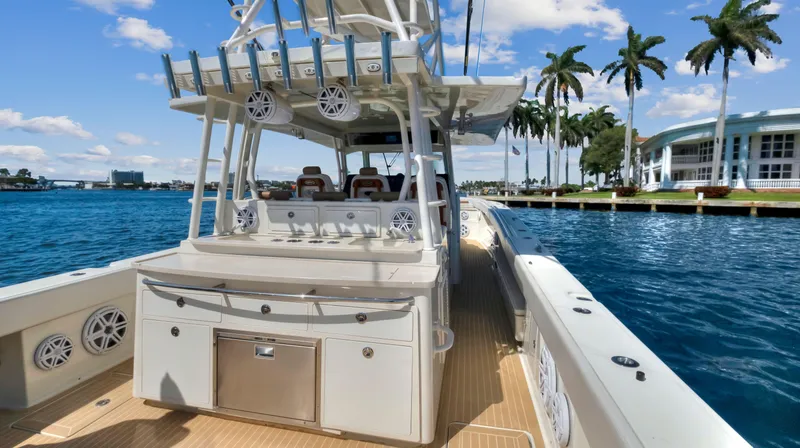 Slide: The Image of 2018 HCB 53 Sueños boat docked by palm trees and waterfront buildings. - 9