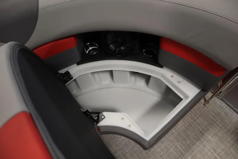Slide: The Image of 2023 Trifecta 23SB2 SS 3.0 boat interior storage compartment with red and gray upholstery. - 17