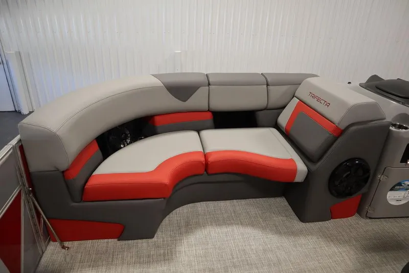Slide: The Image of 2023 Trifecta 23SB2 SS 3.0 boat interior with red and gray seating. - 28