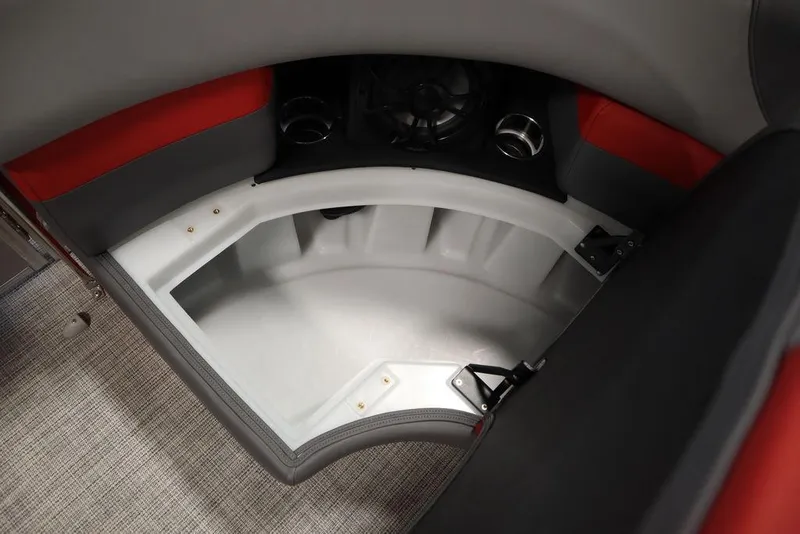 Slide: The Image of Interior storage compartment of 2023 Trifecta 23SB2 SS 3.0 boat with red and gray accents. - 36