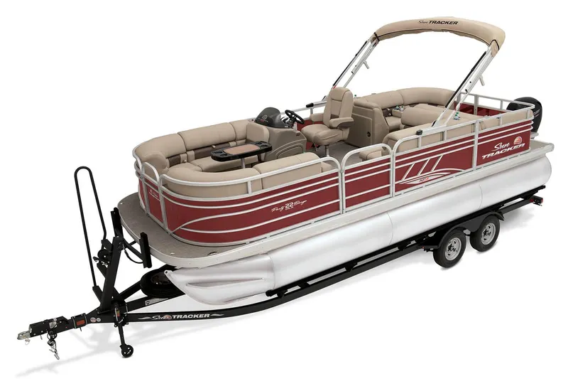 Slide: The Image of 2023 Sun Tracker Party Barge 22 RF XP3 pontoon boat, top view, spacious seating, beige upholstery. - 3