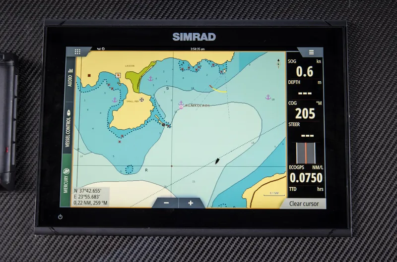 Slide: The Image of Simrad navigation display on Skipper-BSK 38NC 2024 boat, showing nautical chart and data. - 41