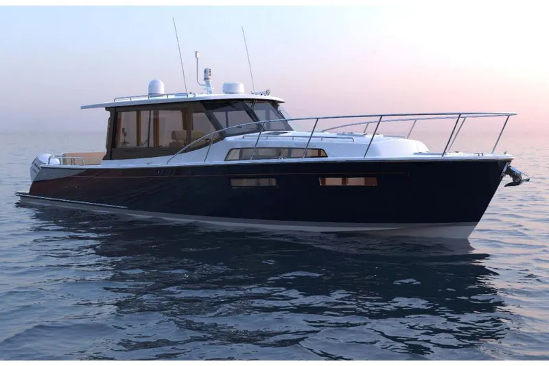 Slide: The Image of 2023 MJM 42 yacht on calm waters at sunset. - 1