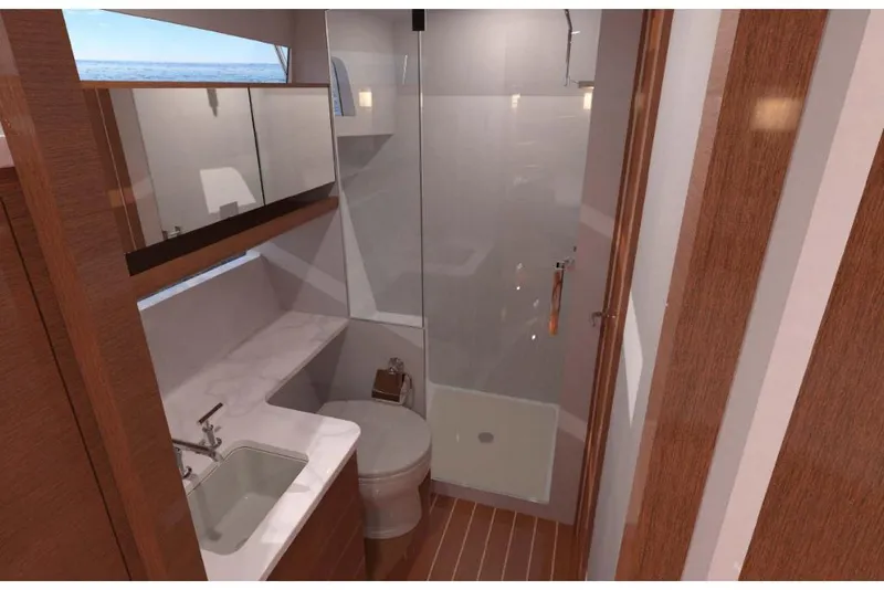 Slide: The Image of 2023 MJM 42 yacht bathroom with modern fixtures and glass shower enclosure. - 13