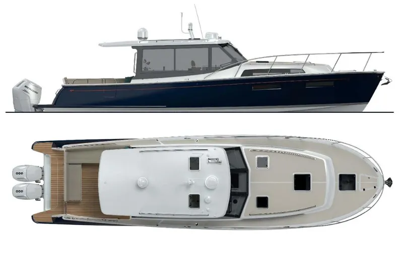 Slide: The Image of 2023 MJM 42 boat, side and top view, sleek design with dual outboard engines. - 14