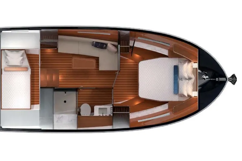 Slide: The Image of Top view of 2023 MJM 42 yacht interior layout with bedrooms and living area. - 16