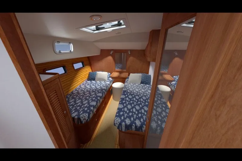 Slide: The Image of 2023 MJM 50z yacht cabin with twin beds and wooden interior. - 28