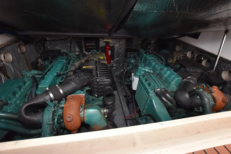 Slide: The Image of 2001 Carolina Classic Express with Marlin Tower engine compartment showing twin diesel engines. - 15