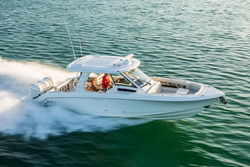 The Image of 2026 Boston Whaler 350 Realm boat on water, custom order available, base MSRP price shown. - 0