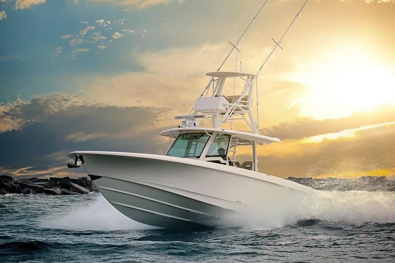The Image of 2026 Boston Whaler 380 Outrage boat on ocean, custom order available, base MSRP price shown. - 0