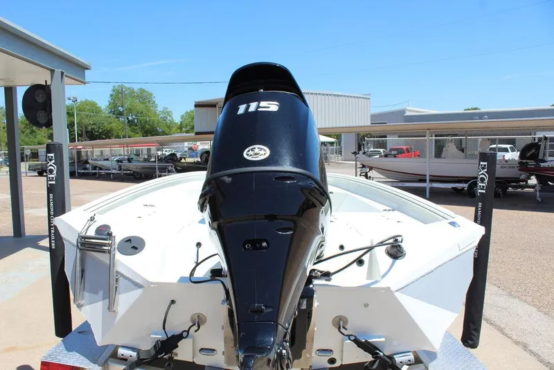 Slide: The Image of 2022 Excel Bay Pro 203 boat with 115 HP outboard motor, rear view. - 3