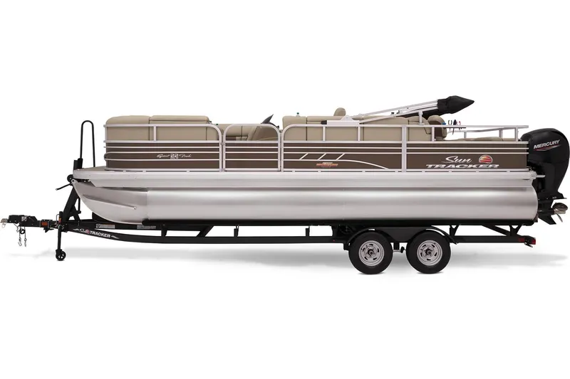 Slide: The Image of 2023 Sun Tracker SportFish 22 DLX pontoon boat on trailer. - 3