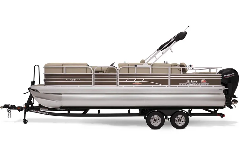 Slide: The Image of 2023 Sun Tracker SportFish 22 DLX pontoon boat on trailer. - 4