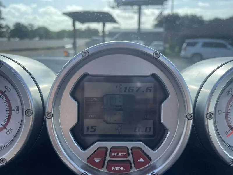 Slide: The Image of Close-up of 2008 MasterCraft X45 boat dashboard gauges. - 14