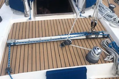 Slide: The Image of Teak deck of 1981 Nautor Swan 371 Sloop with winch and ropes. - 21