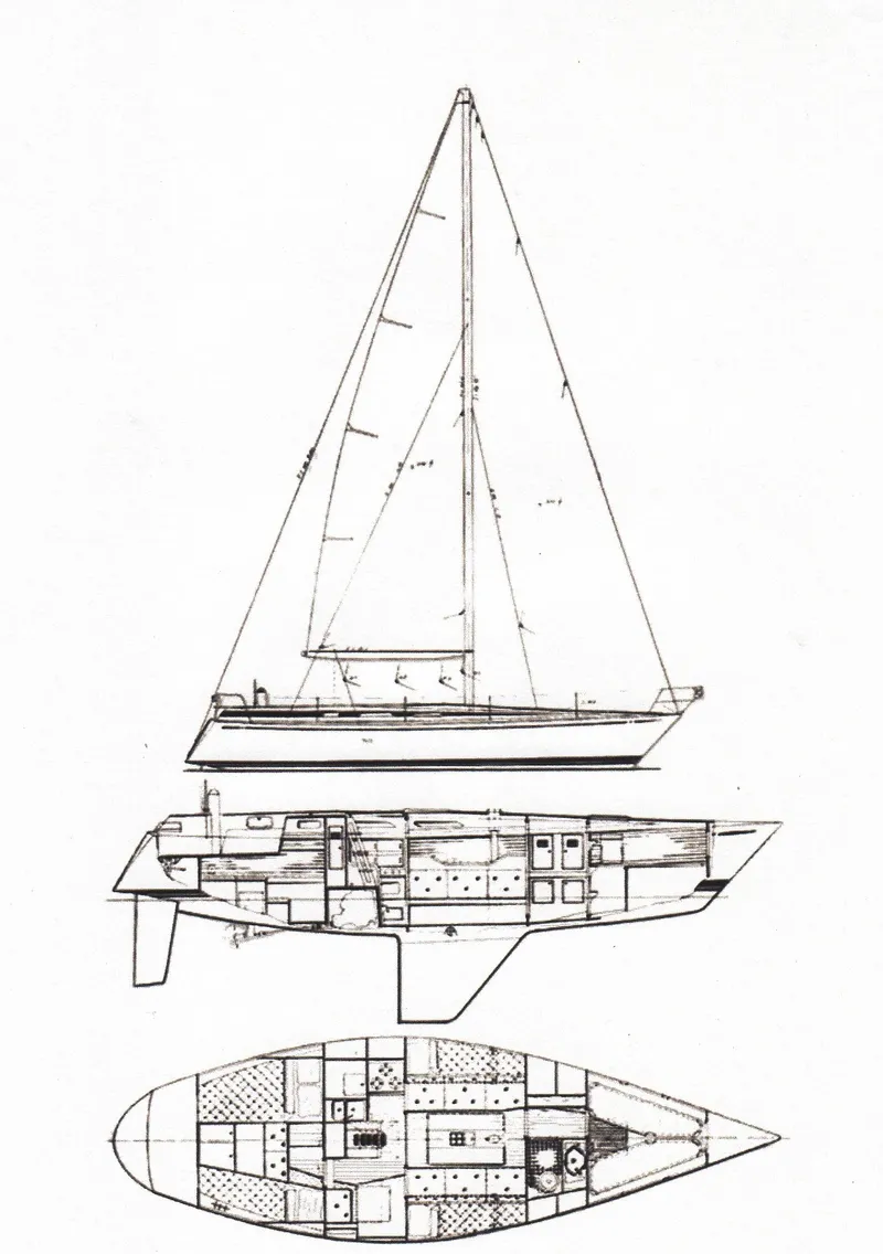 Slide: The Image of Blueprint of 1981 Nautor Swan 371 Sloop sailboat, side and top views. - 48