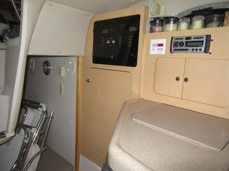 Slide: The Image of Interior cabin of a 2002 Boston Whaler 295 Conquest boat with storage cabinets and control panel. - 6