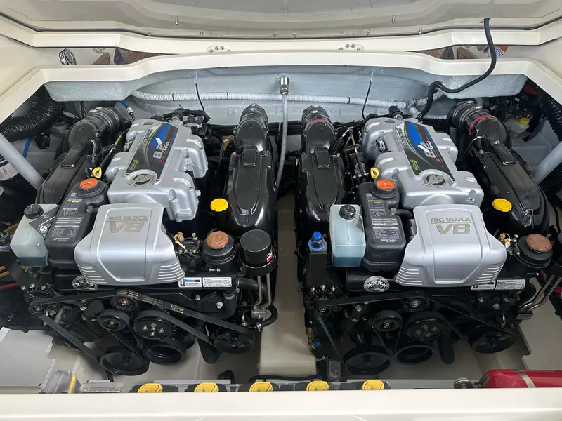 Slide: The Image of 2023 Chris-Craft Launch 31 GT twin V8 engines in engine compartment. - 16