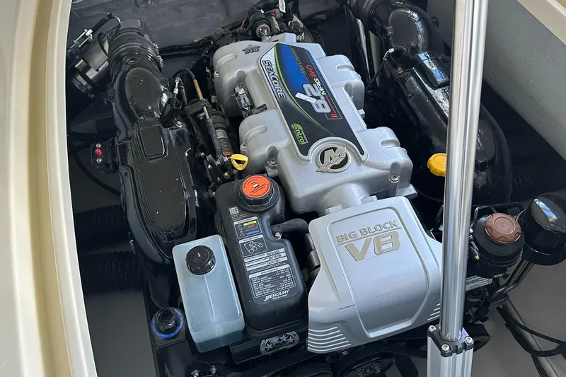 Slide: The Image of 2024 Chris-Craft Launch 28 GT engine compartment showcasing a powerful V8 engine. - 29