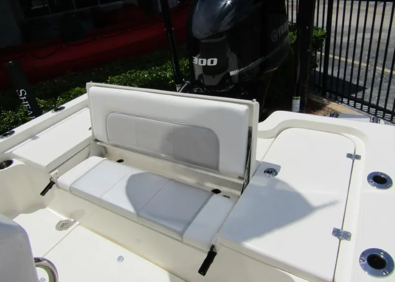Slide: The Image of 2021 ShearWater 250 Carolina Bay boat with Yamaha 300 engine and foldable rear seat. - 23