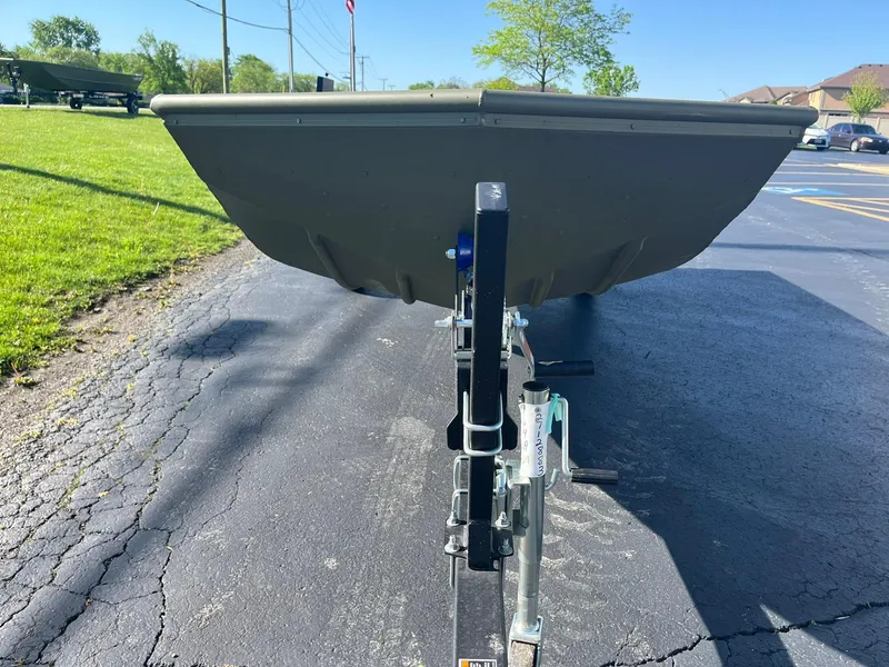 Slide: The Image of 2024 Lowe Jon L1648M Aura boat on trailer, front view. - 7