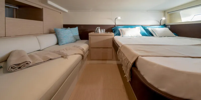 Slide: The Image of Luxurious cabin interior of the 2025 Solaris Power 44 Open yacht with modern furnishings. - 17