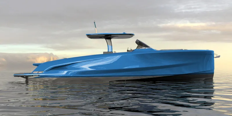 Slide: The Image of 2025 Solaris Power 44 Open yacht in blue on calm water. - 9