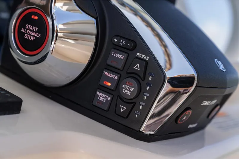 Slide: The Image of Close-up of 2023 Boston Whaler 280 Dauntless engine control panel. - 33