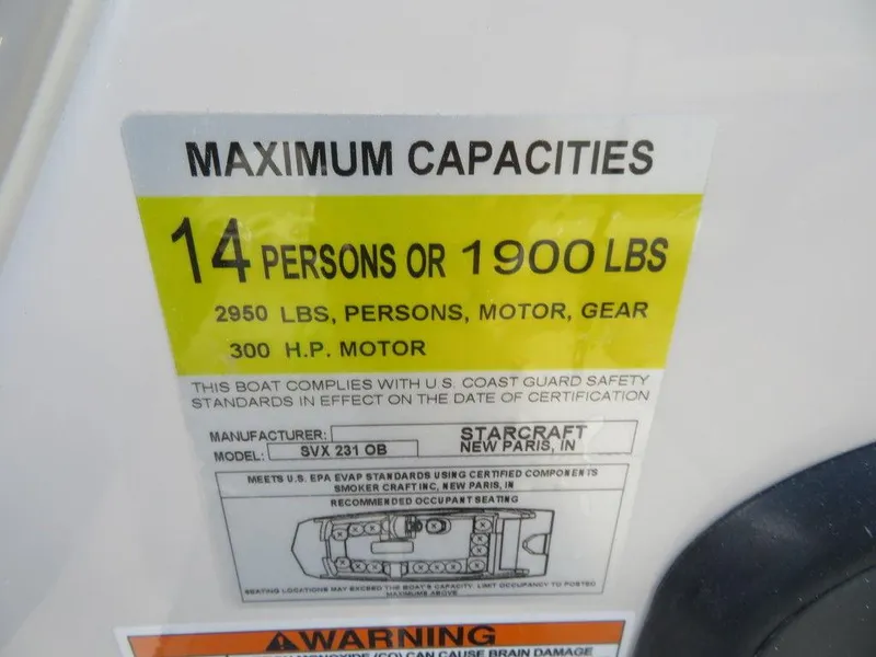 Slide: The Image of 2023 Starcraft SVX OB 231 OB maximum capacities label: 14 persons or 1900 lbs, 300 HP motor. - 4