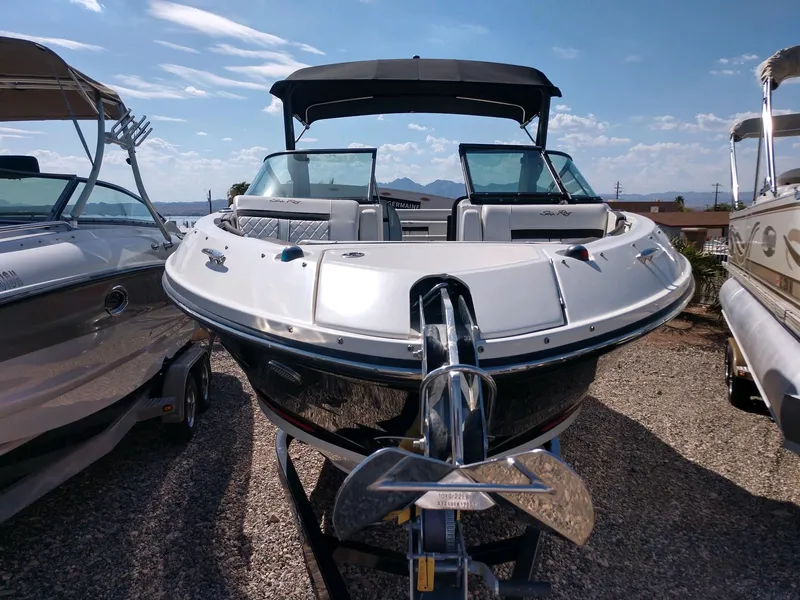 Slide: The Image of 2018 Sea Ray SLX 280 boat on trailer, front view, sunny day. - 5