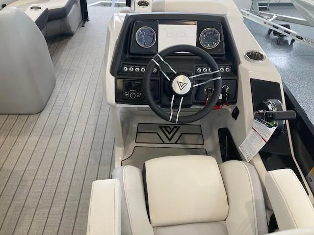 Slide: The Image of 2023 Viaggio Diamante 23U pontoon boat docked, featuring sleek design and powerful outboard motor. - 5