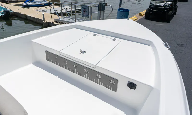 Slide: The Image of 2023 Savannah 190 IS boat deck with storage compartment and measurement scale. - 12