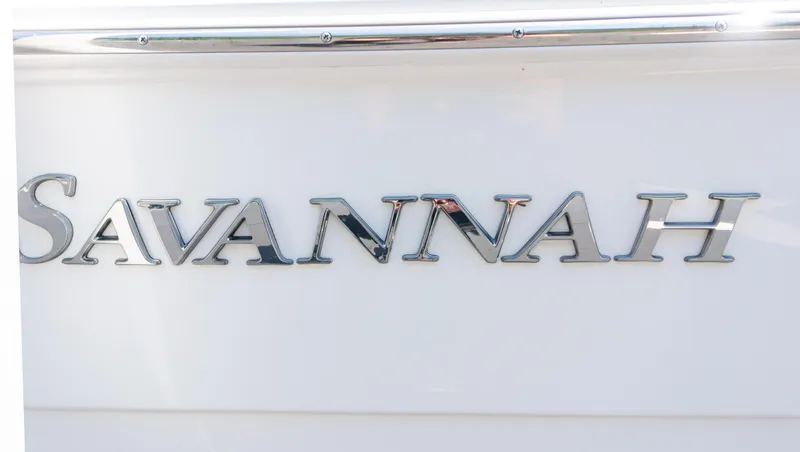 Slide: The Image of 2023 Savannah 190 IS boat nameplate in chrome on white background - 19