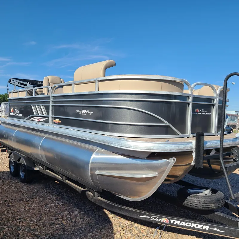Slide: The Image of 2023 Sun Tracker Party Barge 22 RF XP3 pontoon boat on a trailer. - 8