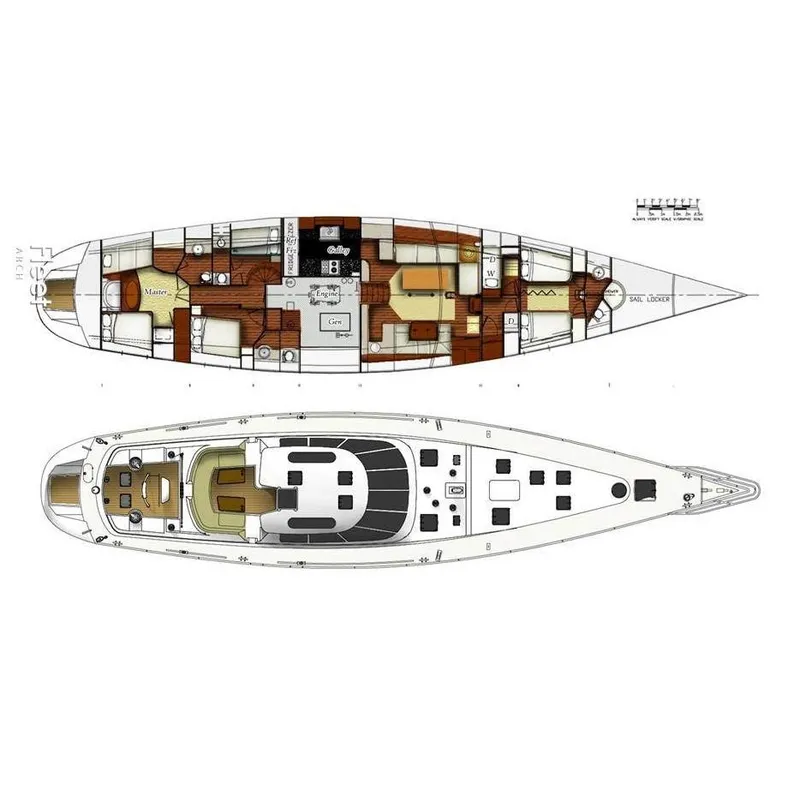 Slide: The Image of Floor plan of 1993 Able Custom 97' yacht, showcasing interior and deck layout. - 25