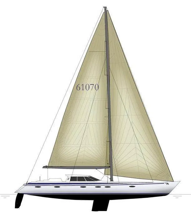 Slide: The Image of Sailboat illustration of 1993 Able Custom 97', featuring a large sail and sleek design. - 26