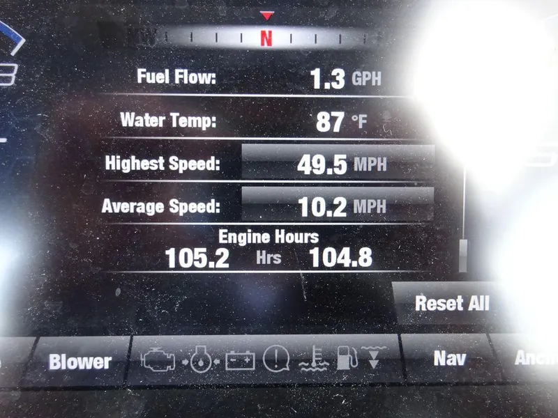 Slide: The Image of Yamaha Boats 2020 242 X dashboard showing fuel flow, water temp, speed, and engine hours. - 4