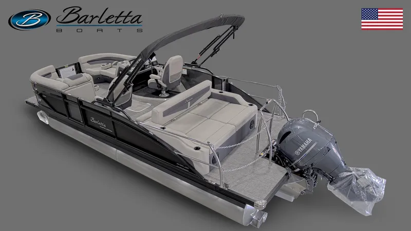 Slide: The Image of 2023 Barletta Cabrio 22UC pontoon boat with Yamaha outboard motor, gray interior, and American flag. - 3