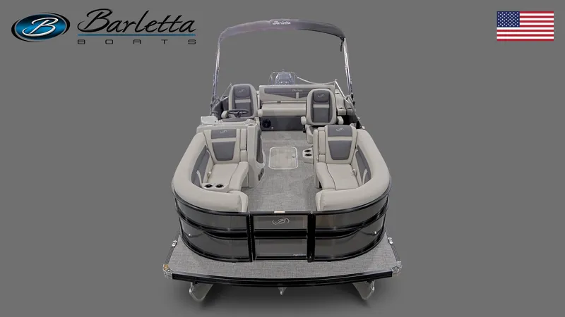 Slide: The Image of 2023 Barletta Cabrio 22UC pontoon boat, gray interior, front view, with American flag. - 4