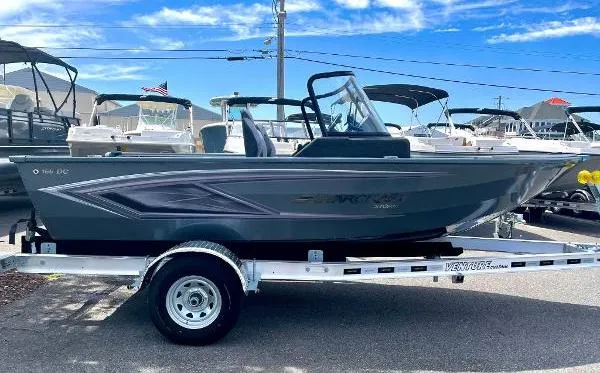 Slide: The Image of 2023 Starcraft Storm 166 DC boat on trailer in marina. - 12