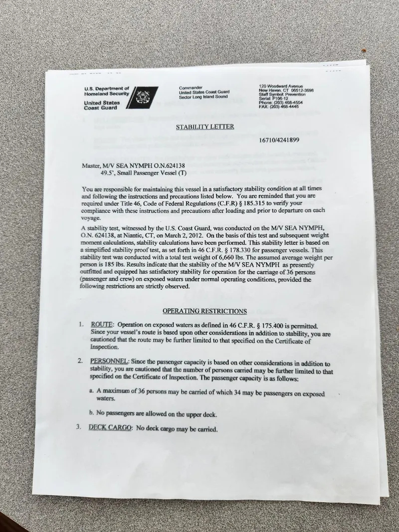 Slide: The Image of Stability letter on a table, detailing operating restrictions for a 1980 Tuna Rose Brothers model. - 41