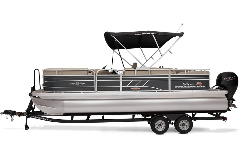 Slide: The Image of 2023 Sun Tracker Party Barge 22 RF DLX pontoon boat on trailer. - 15