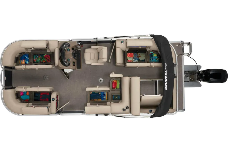 Slide: The Image of 2023 Sun Tracker Party Barge 22 RF DLX pontoon boat, top view, spacious seating, and storage. - 17