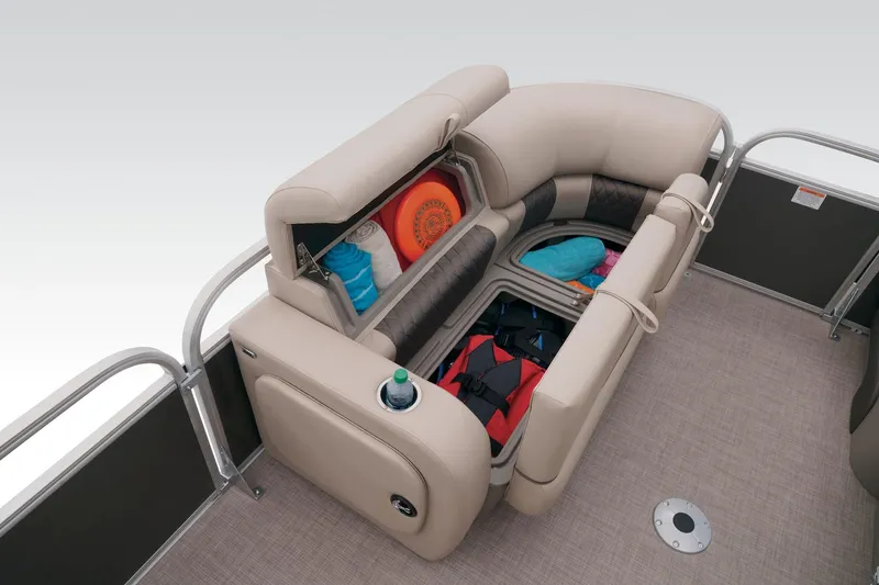 Slide: The Image of 2023 Sun Tracker Party Barge 22 RF DLX storage compartments and seating area. - 26