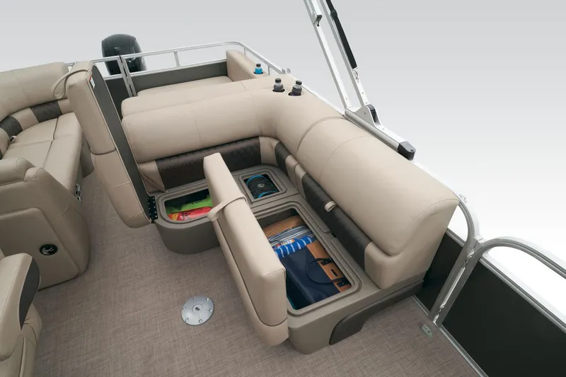 Slide: The Image of 2023 Sun Tracker Party Barge 22 RF DLX interior with under-seat storage compartments. - 40