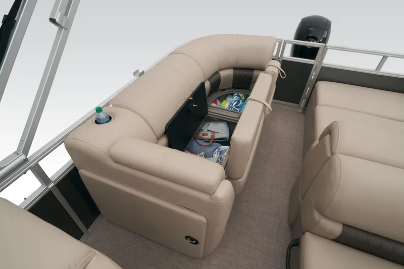 Slide: The Image of 2023 Sun Tracker Party Barge 22 RF DLX interior seating and storage. - 42