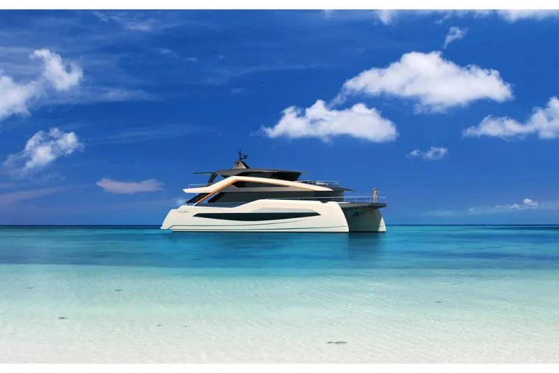Slide: The Image of Luxury Wider 92 yacht in clear blue ocean, 2023 model. - 0