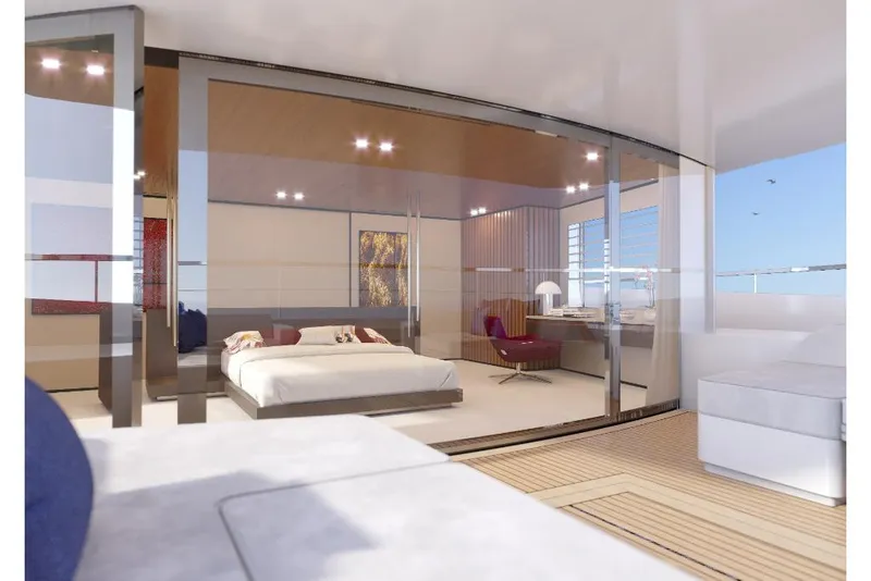 Slide: The Image of Luxurious bedroom on the 2023 Wider 92 yacht with modern decor and ocean view. - 10