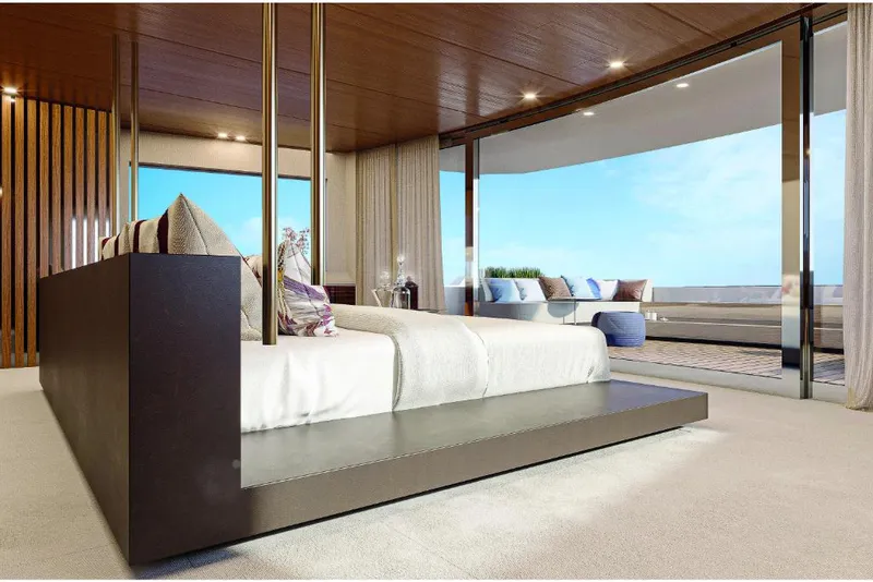 Slide: The Image of Luxurious bedroom on the 2023 Wider 92 yacht with ocean view and modern decor. - 11